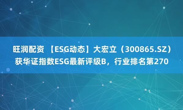 旺润配资 【ESG动态】大宏立（300865.SZ）获华证指数ESG最新评级B，行业排名第270